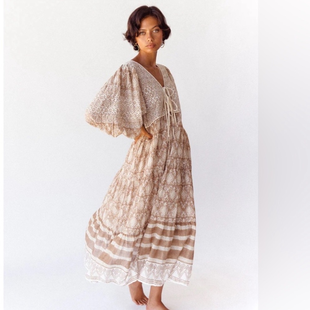 Daughters of India Cream and Brown Midi Dress